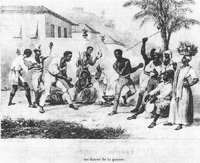Schwarz und Weiß Darstellung einer Roda am Stadtrand als Exkursion in die Geschichte der Capoeira